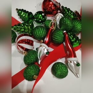 Assorted Plastic Red & Green Christmas Ornaments Gnomes Trees Striped